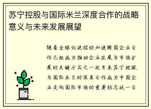 苏宁控股与国际米兰深度合作的战略意义与未来发展展望